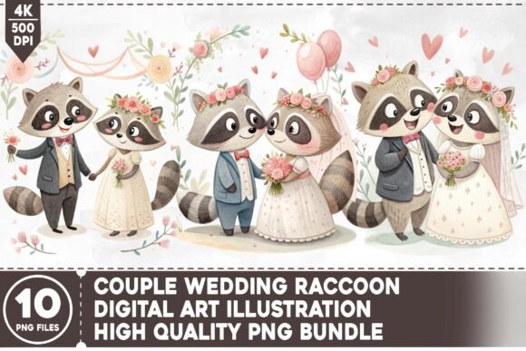 Couple Wedding Raccoon PNG Bundle: Whimsy for Your Brand