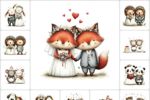 Kawaii Animal Wedding Couples Clipart: 40 Adorable Design Assets